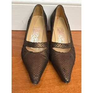 Salvatore Ferragamo Snakeskin Heels Bronze Metallic Pointed Toe Pumps Size 5 B